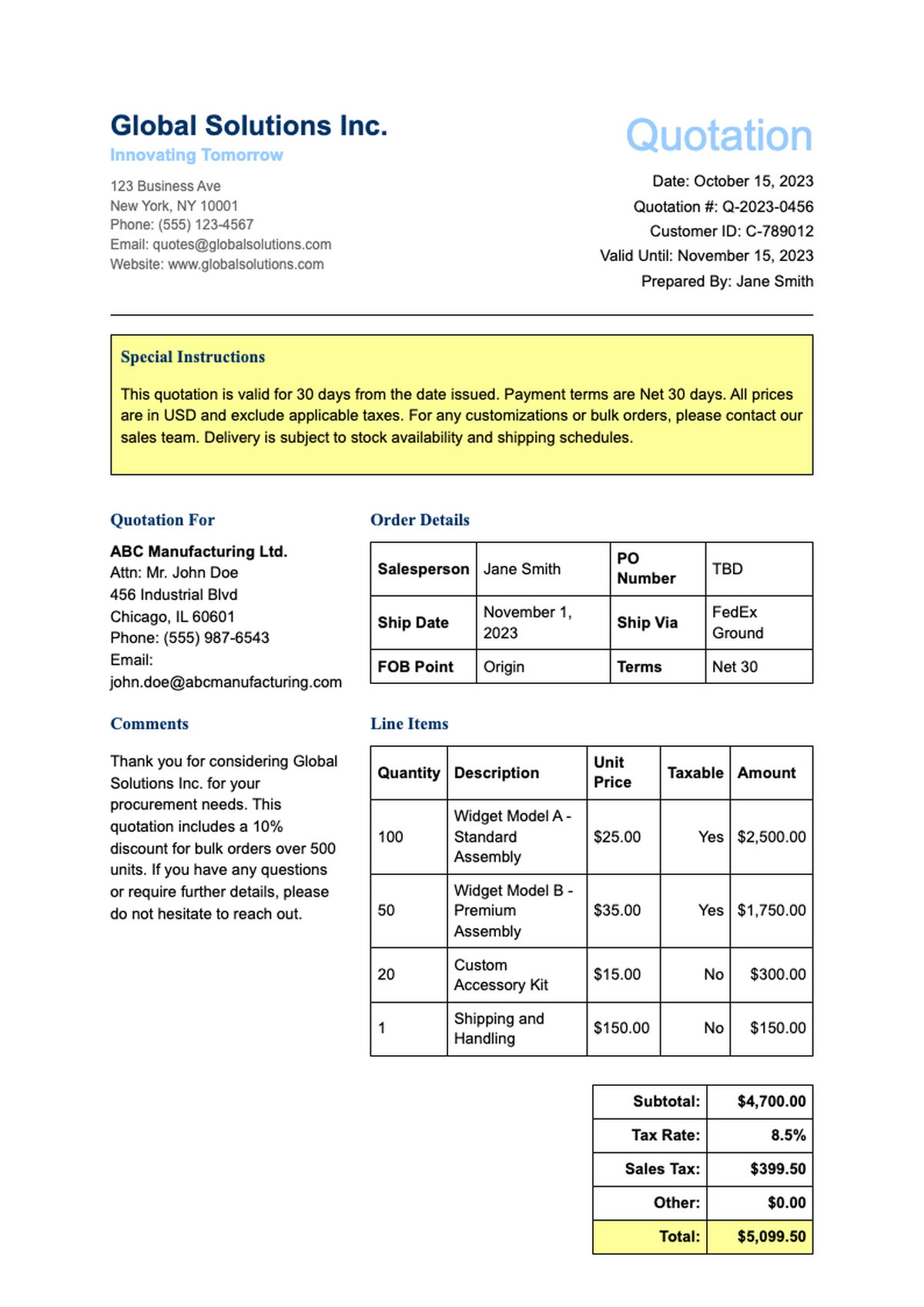 Business quotation template with taxable items and sales tax calculation_variant_1